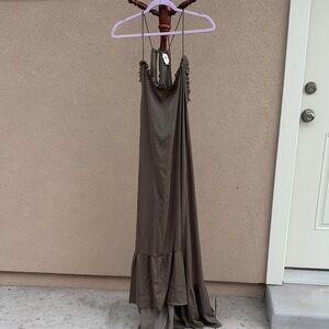 Elegant Brown Maxi Dress with Ruffle Details